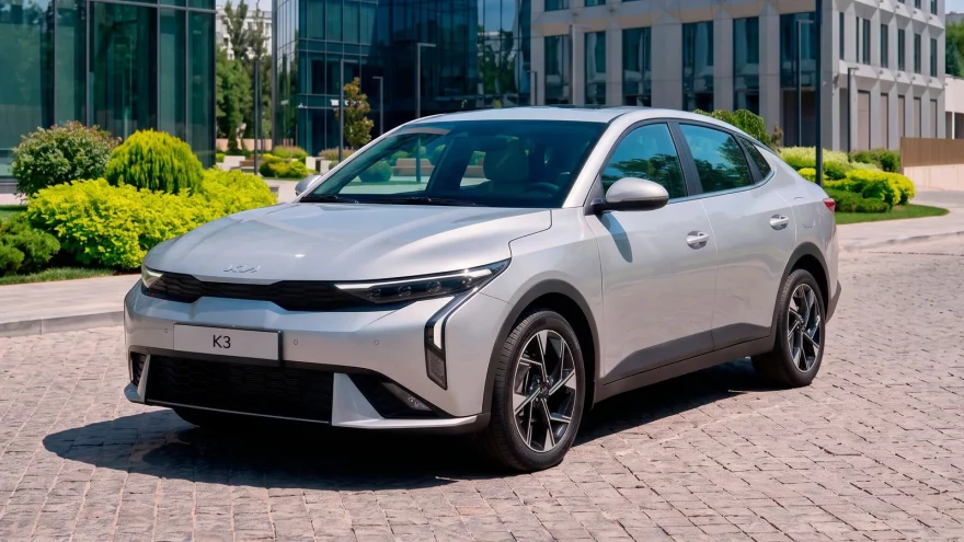 Серебристый седан Kia K3 спереди сбоку