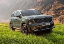 Темно-зеленый Kia Sorento спереди сбоку в высокой траве на фоне гор