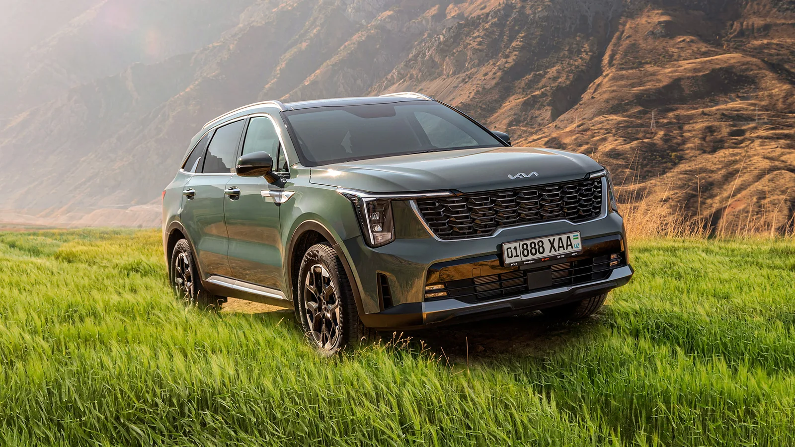 Темно-зеленый Kia Sorento спереди сбоку в высокой траве на фоне гор