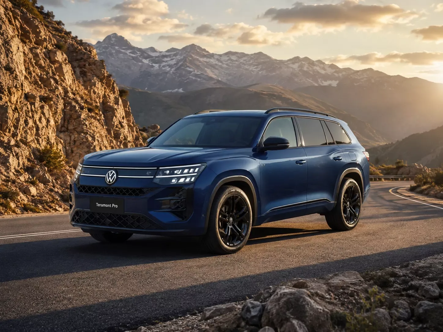 Volkswagen Teramont Pro в Узбекистане: цена, сравнение комплектаций и технические характеристики - 1 Синий Volkswagen Teramont Pro на горной дороге